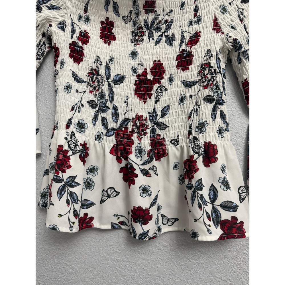 Candies Floral Butterfly Smocked Off The Shoulder Bell Sleeve Peplum Top White M - Picture 2 of 7